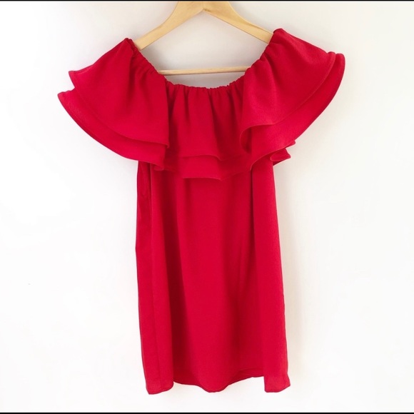 Off the Shoulder Ruffle Forever 21 Red Dress - Picture 2 of 4